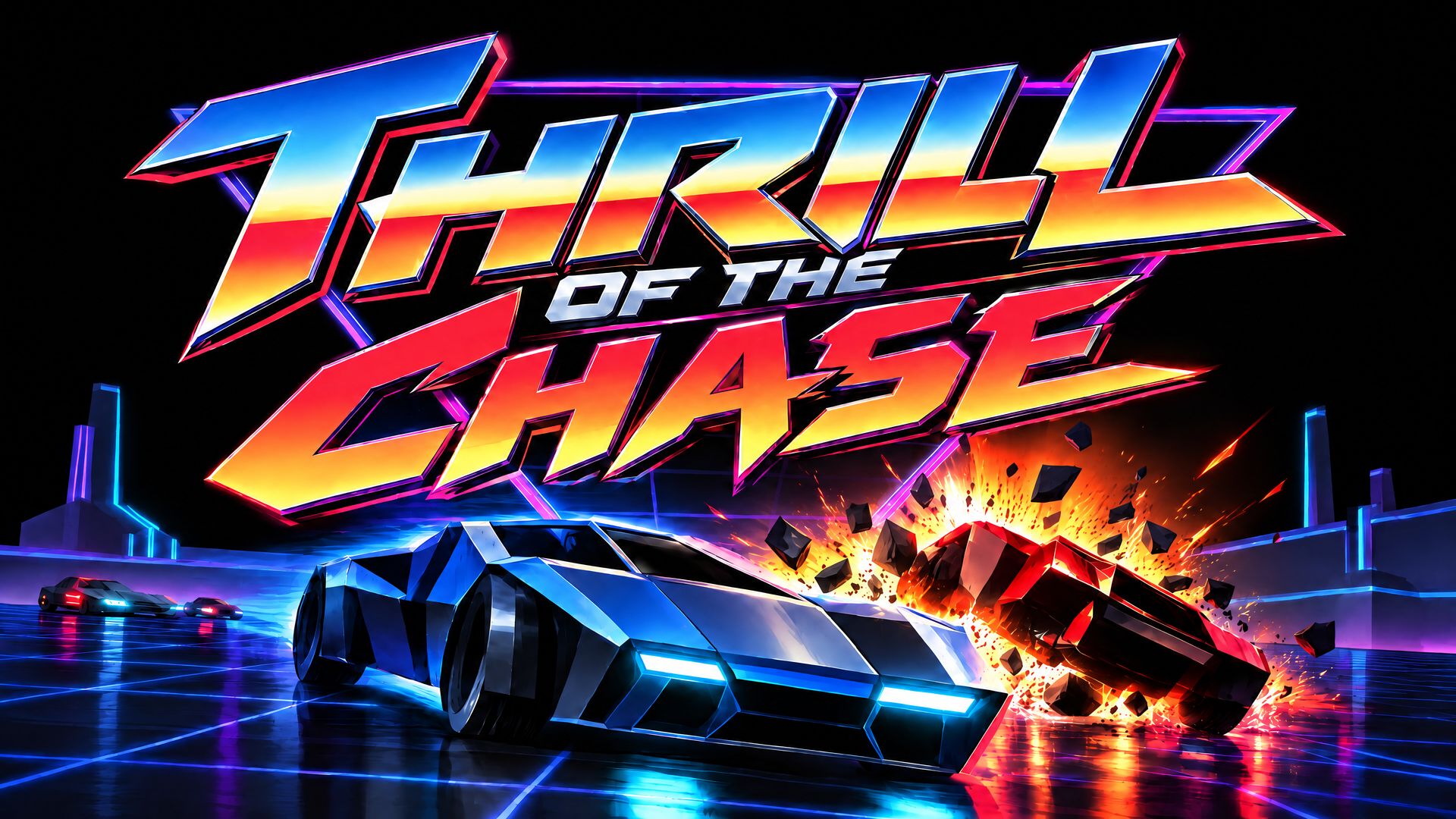 Thrill of the Chase key art: a chrome wedge car races past an exploding rival under the neon title